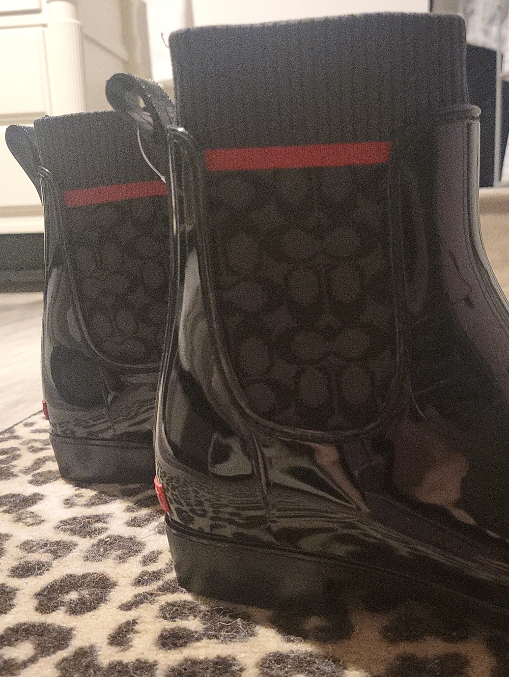 NEW! Coach 🐎 Monogram Black Patent Chelsea Ankle Rain Boots with Red Accent - Picture 3 of 7